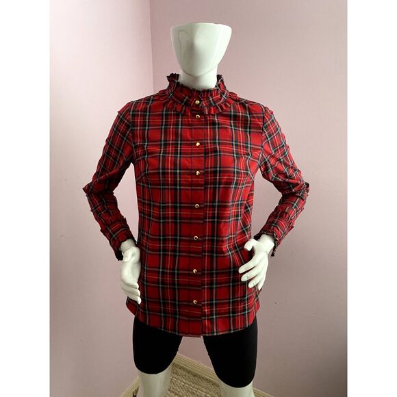 STS Sail to Sable Tartan Plaid Shirt Blouse Ruffle SMALL Red Long Sleeve - Picture 3 of 7